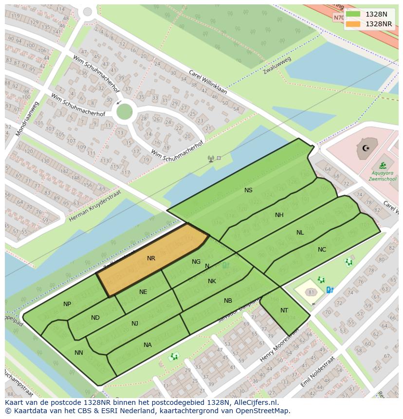 Afbeelding van het postcodegebied 1328 NR op de kaart.