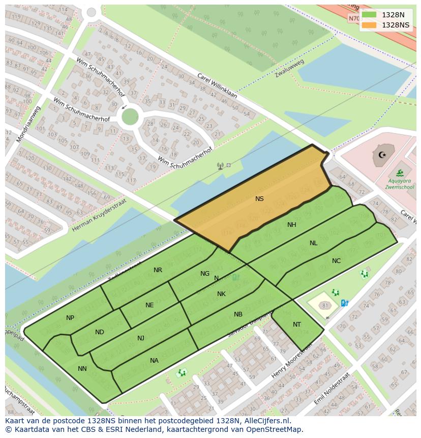 Afbeelding van het postcodegebied 1328 NS op de kaart.