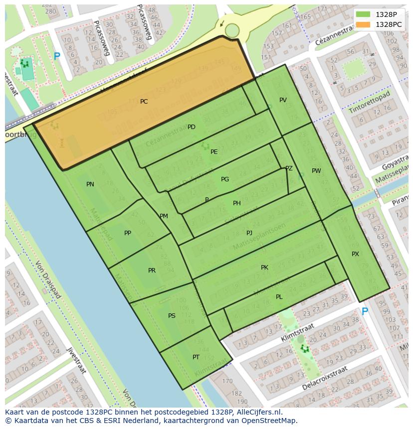 Afbeelding van het postcodegebied 1328 PC op de kaart.