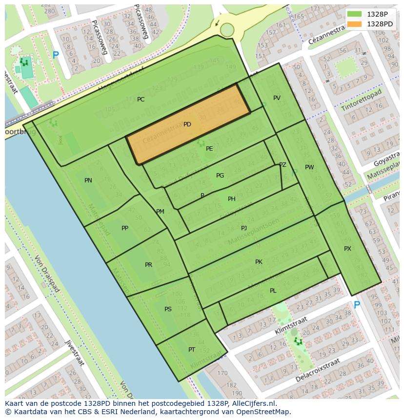 Afbeelding van het postcodegebied 1328 PD op de kaart.