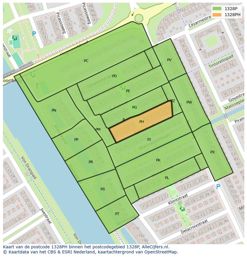 Afbeelding van het postcodegebied 1328 PH op de kaart.