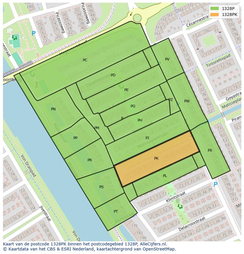 Afbeelding van het postcodegebied 1328 PK op de kaart.