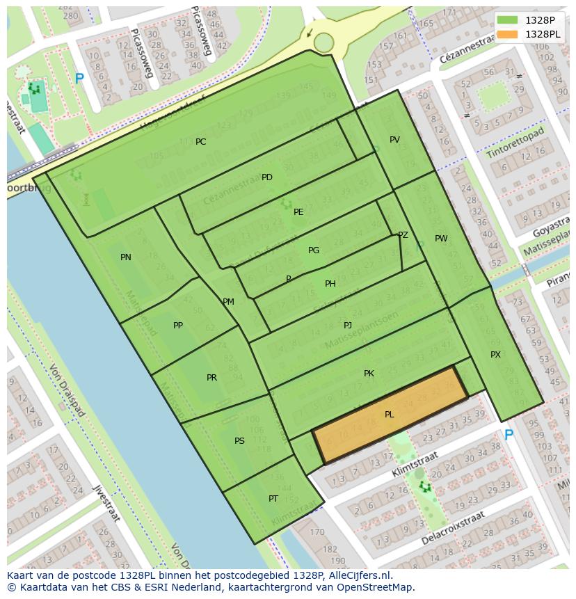 Afbeelding van het postcodegebied 1328 PL op de kaart.