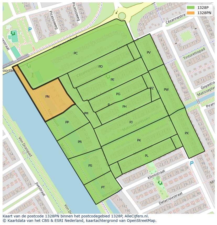 Afbeelding van het postcodegebied 1328 PN op de kaart.