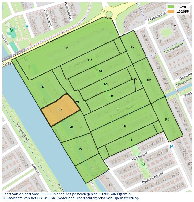 Afbeelding van het postcodegebied 1328 PP op de kaart.