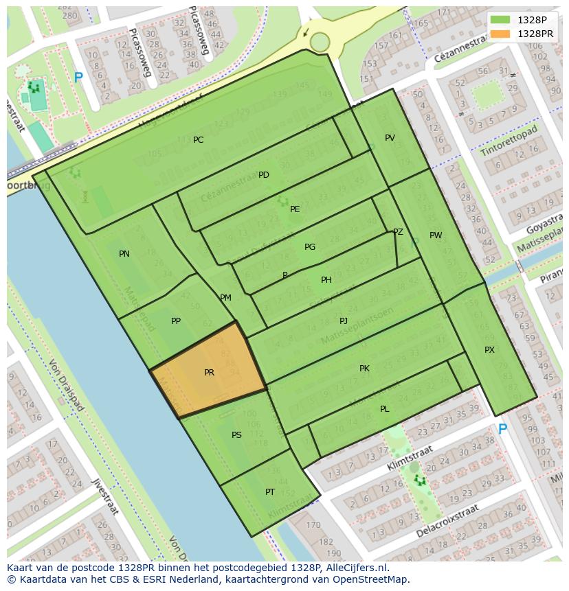 Afbeelding van het postcodegebied 1328 PR op de kaart.