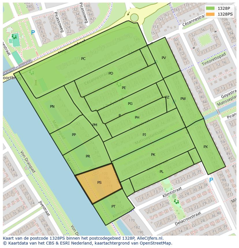 Afbeelding van het postcodegebied 1328 PS op de kaart.