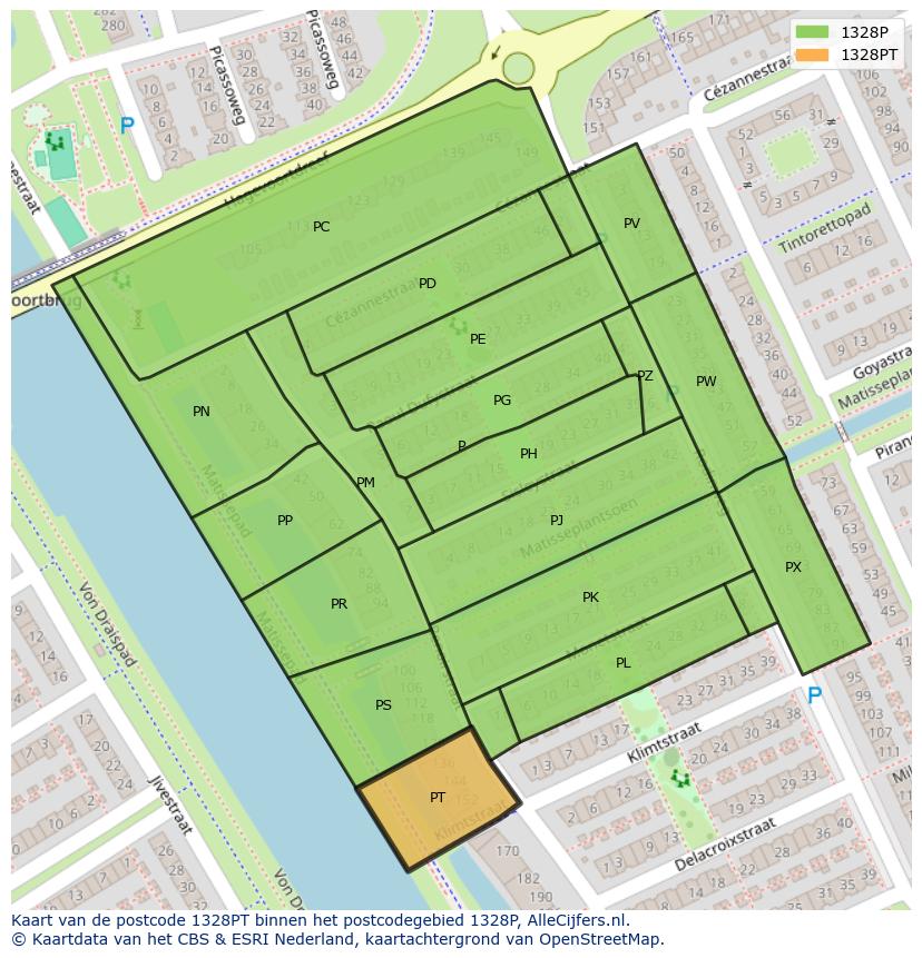 Afbeelding van het postcodegebied 1328 PT op de kaart.
