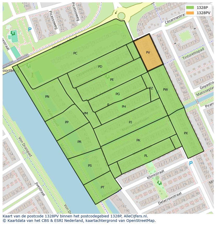 Afbeelding van het postcodegebied 1328 PV op de kaart.