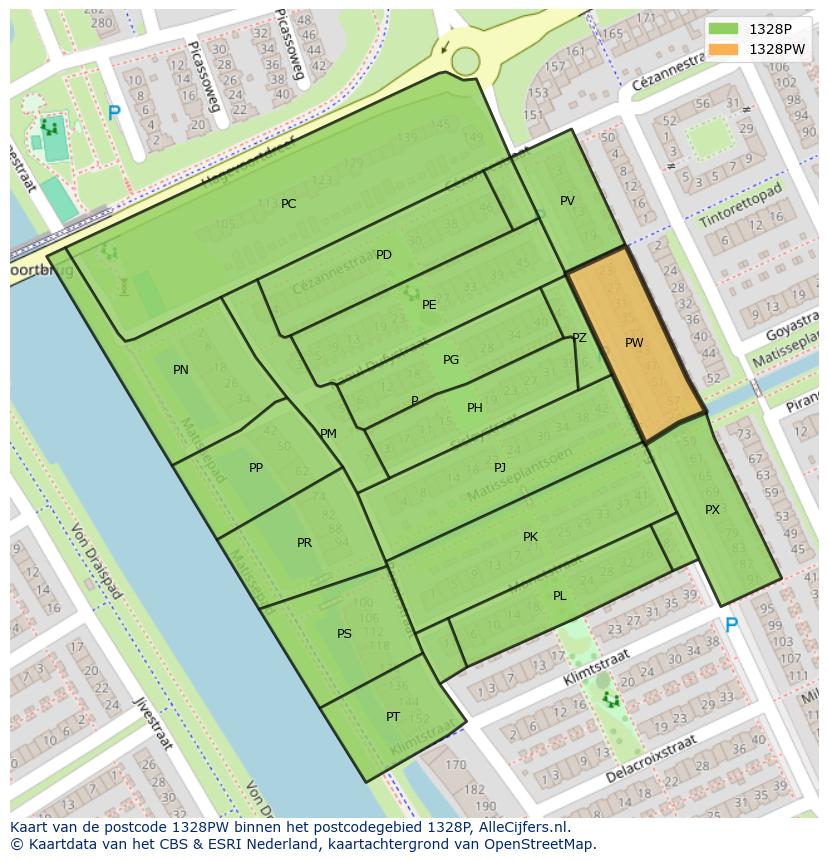 Afbeelding van het postcodegebied 1328 PW op de kaart.