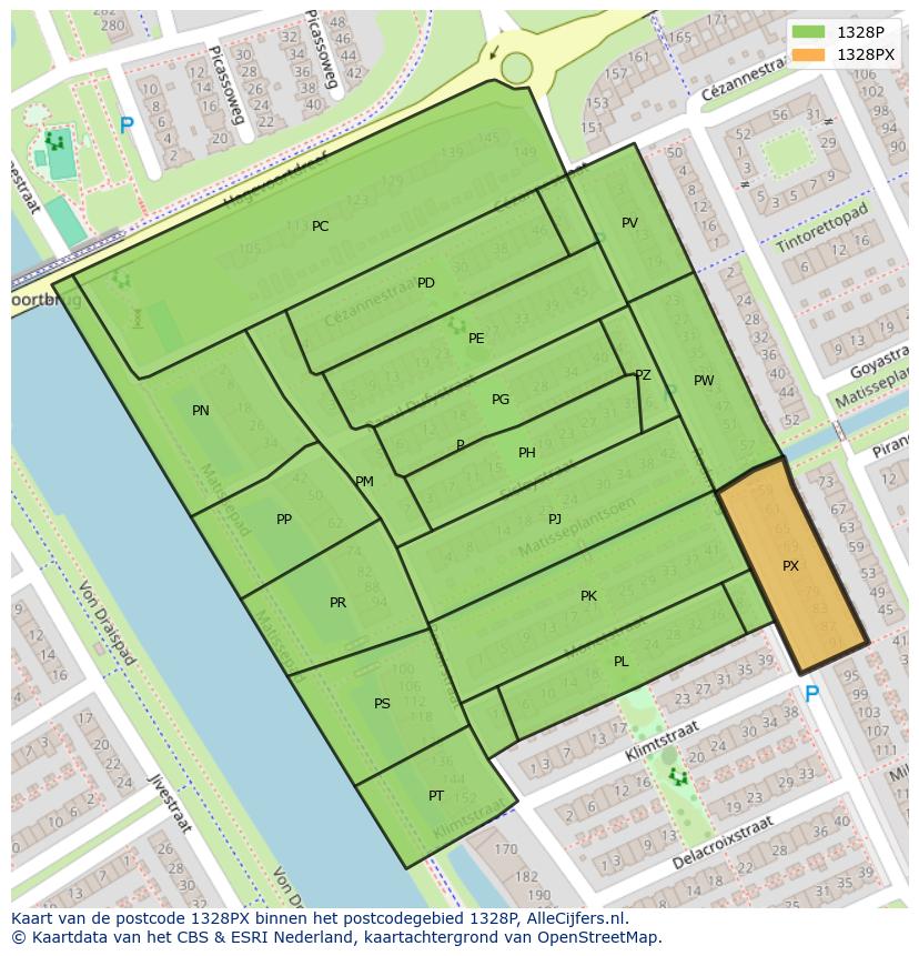 Afbeelding van het postcodegebied 1328 PX op de kaart.