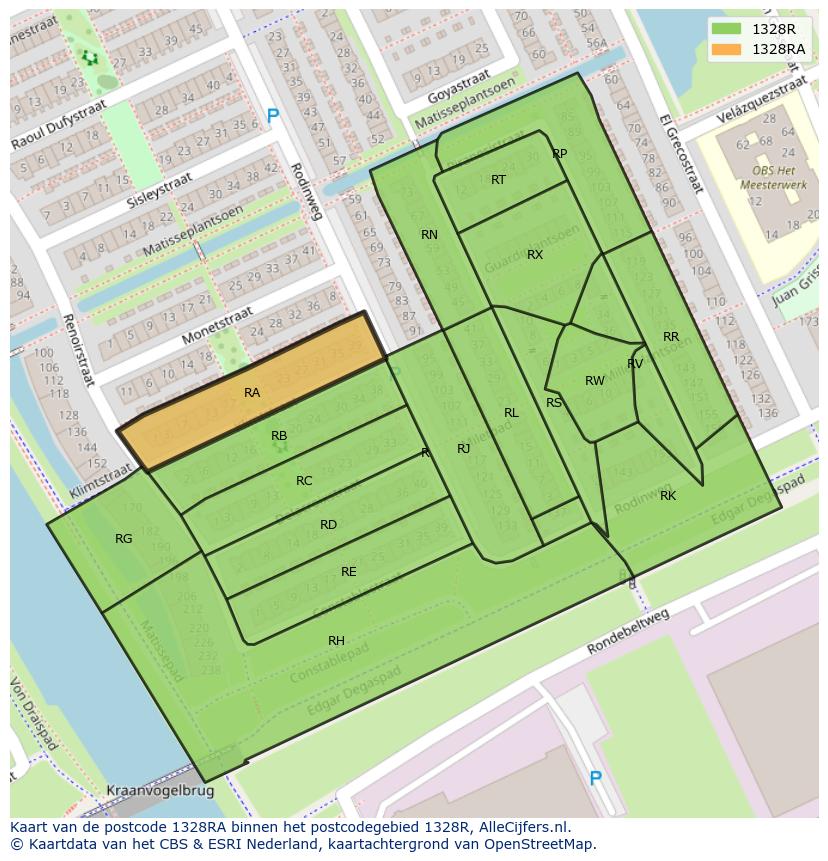 Afbeelding van het postcodegebied 1328 RA op de kaart.
