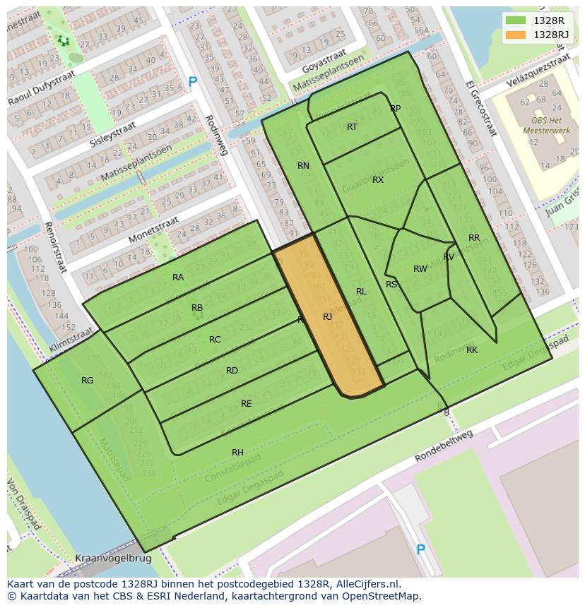 Afbeelding van het postcodegebied 1328 RJ op de kaart.
