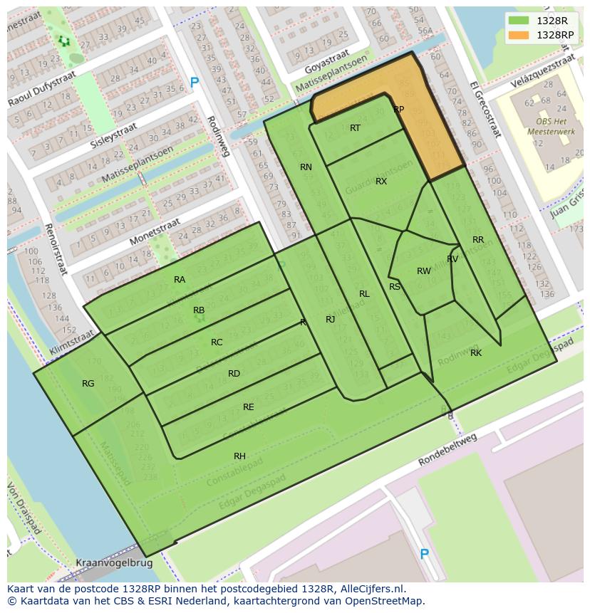 Afbeelding van het postcodegebied 1328 RP op de kaart.