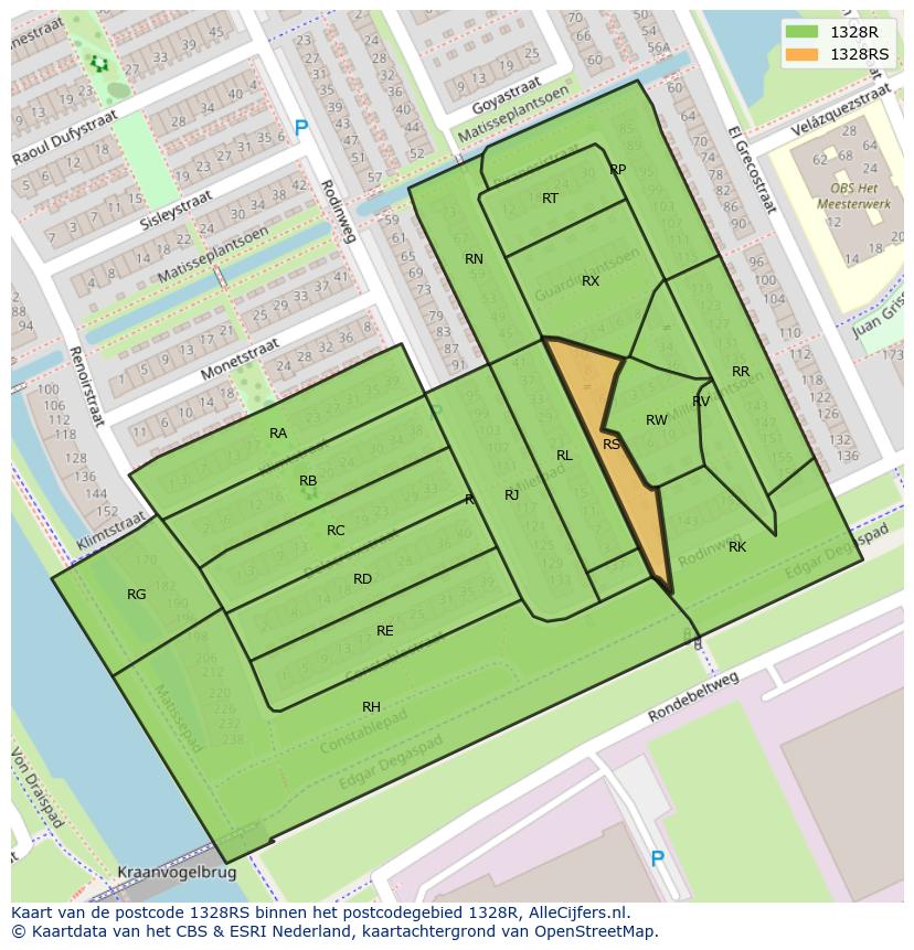 Afbeelding van het postcodegebied 1328 RS op de kaart.