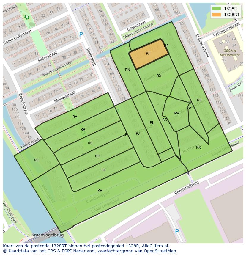 Afbeelding van het postcodegebied 1328 RT op de kaart.