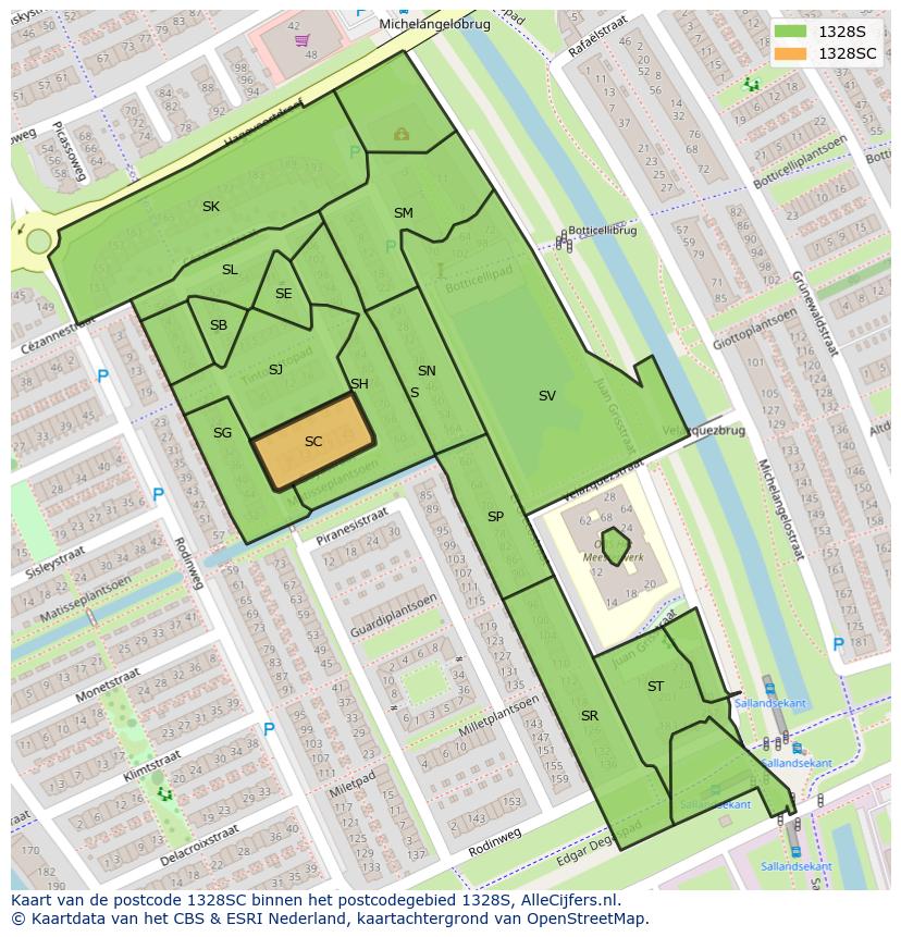 Afbeelding van het postcodegebied 1328 SC op de kaart.
