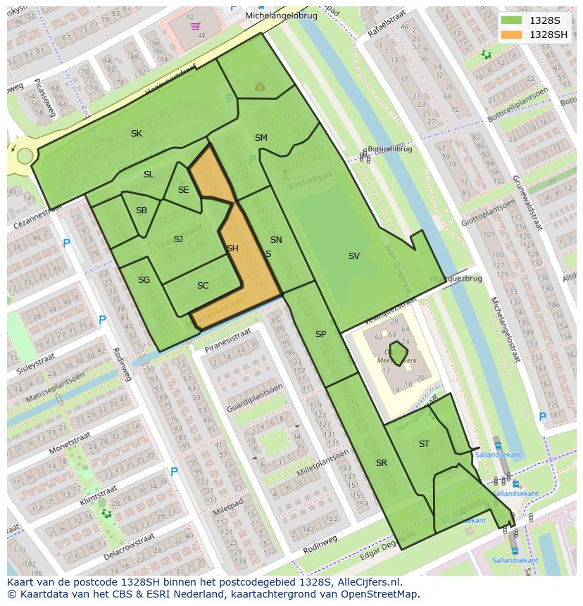 Afbeelding van het postcodegebied 1328 SH op de kaart.