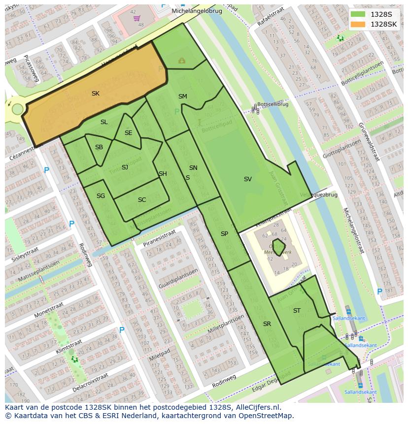 Afbeelding van het postcodegebied 1328 SK op de kaart.