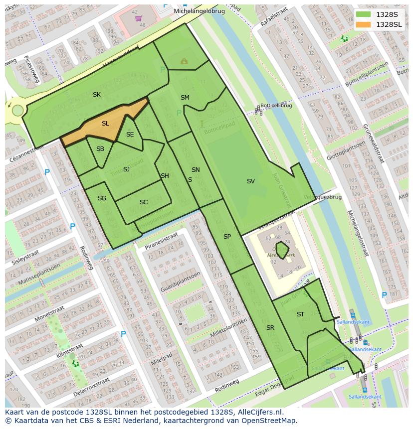 Afbeelding van het postcodegebied 1328 SL op de kaart.
