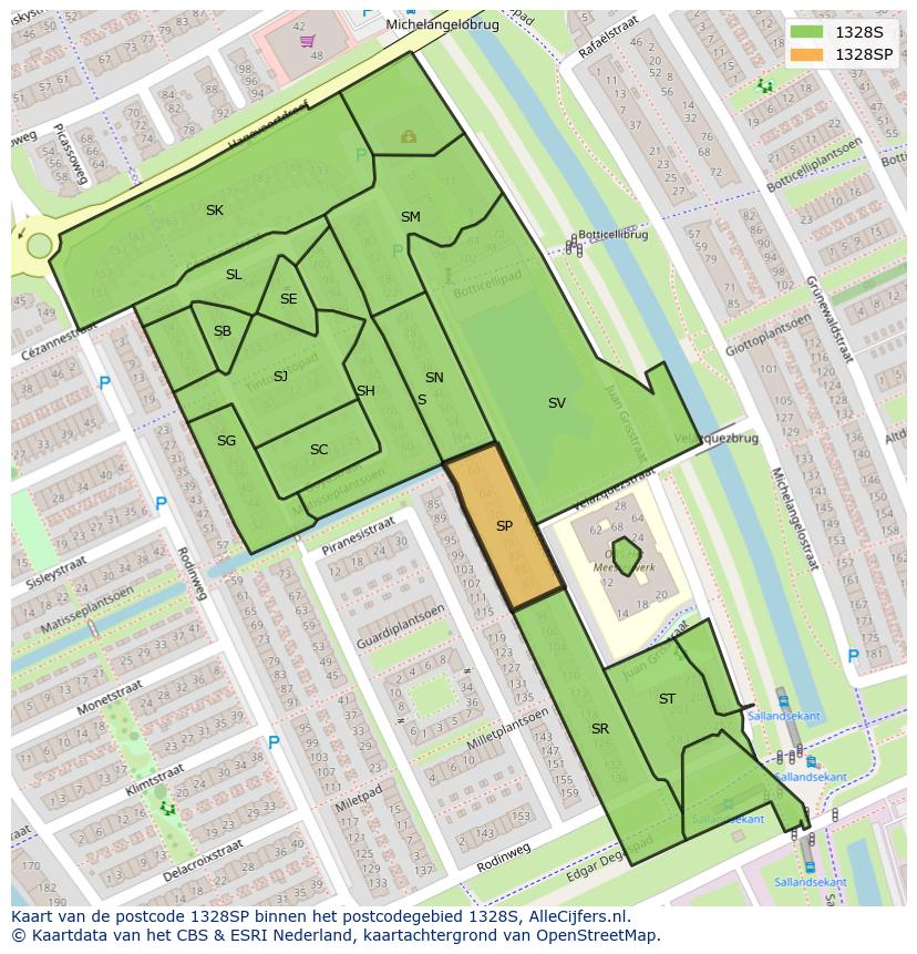 Afbeelding van het postcodegebied 1328 SP op de kaart.