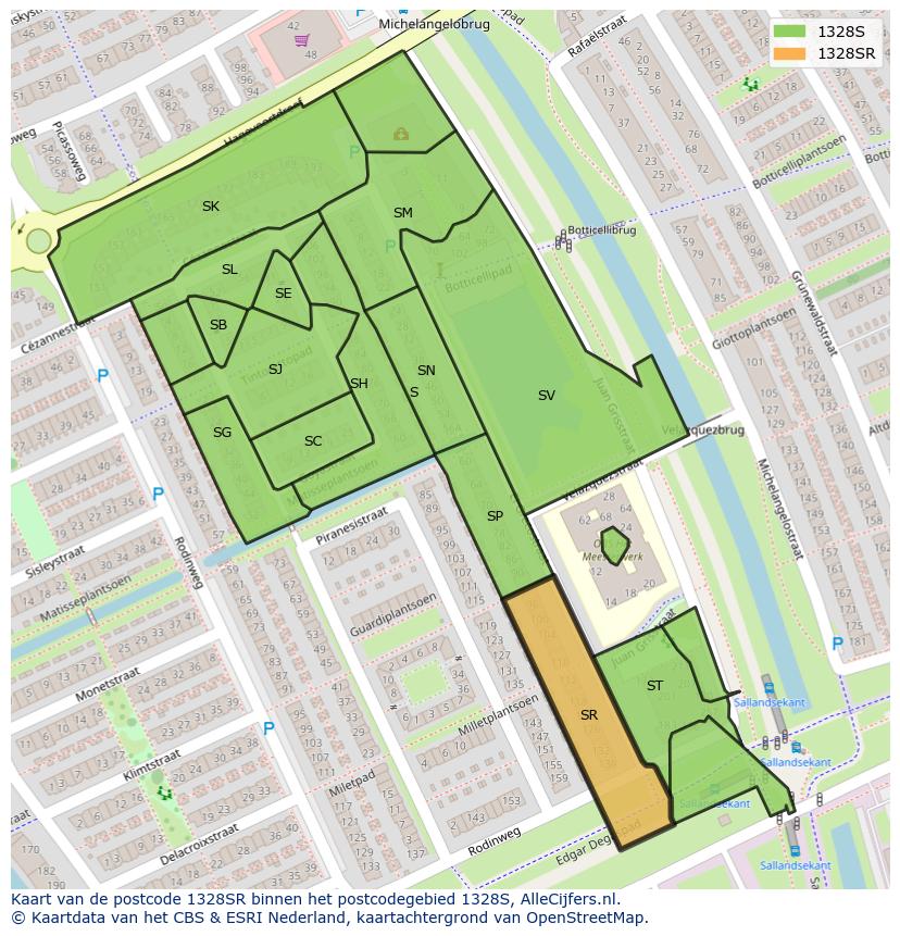 Afbeelding van het postcodegebied 1328 SR op de kaart.