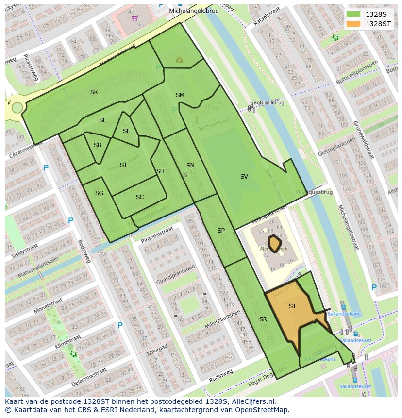 Afbeelding van het postcodegebied 1328 ST op de kaart.