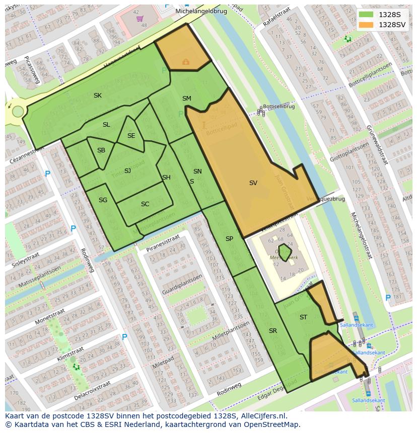 Afbeelding van het postcodegebied 1328 SV op de kaart.