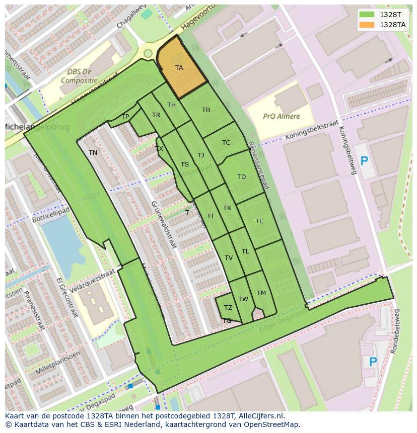 Afbeelding van het postcodegebied 1328 TA op de kaart.