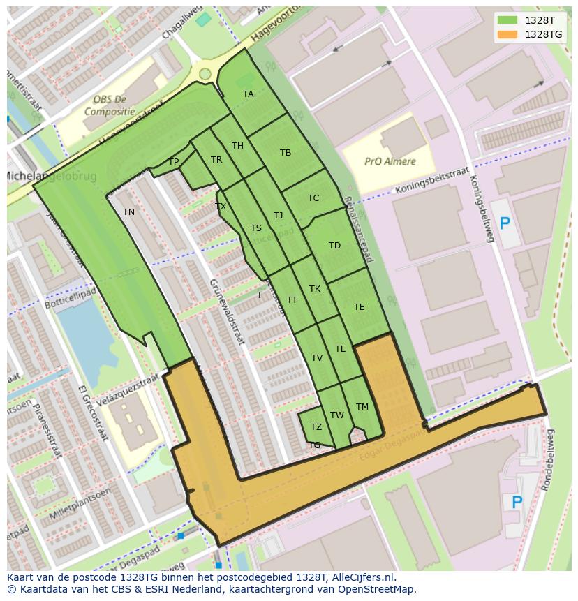Afbeelding van het postcodegebied 1328 TG op de kaart.
