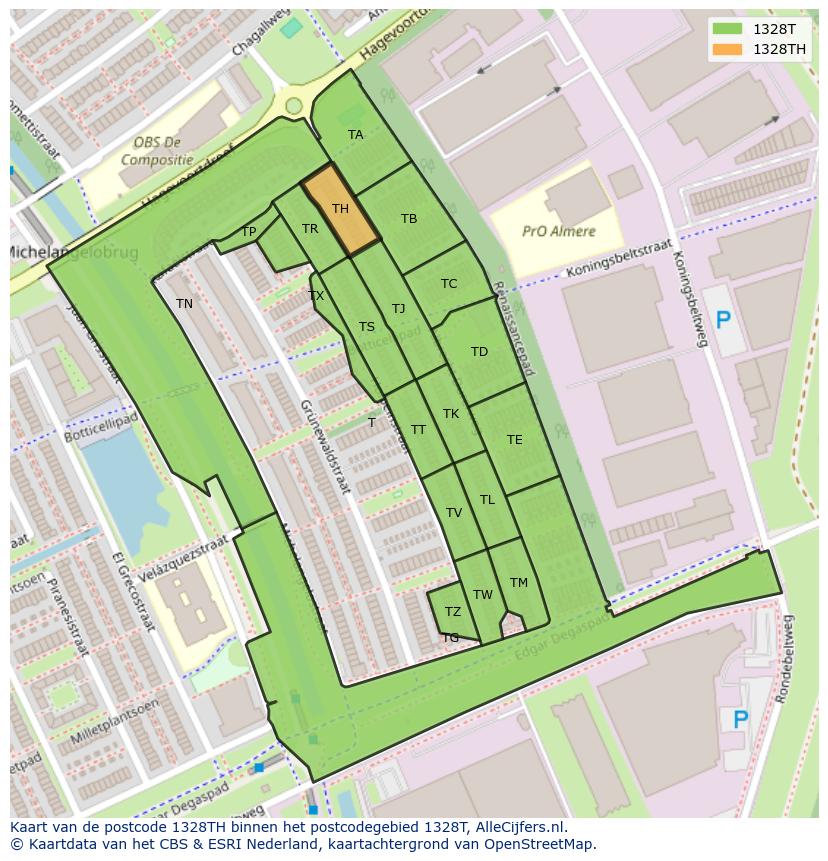 Afbeelding van het postcodegebied 1328 TH op de kaart.