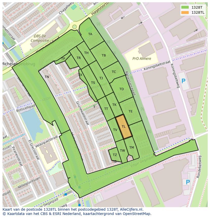 Afbeelding van het postcodegebied 1328 TL op de kaart.