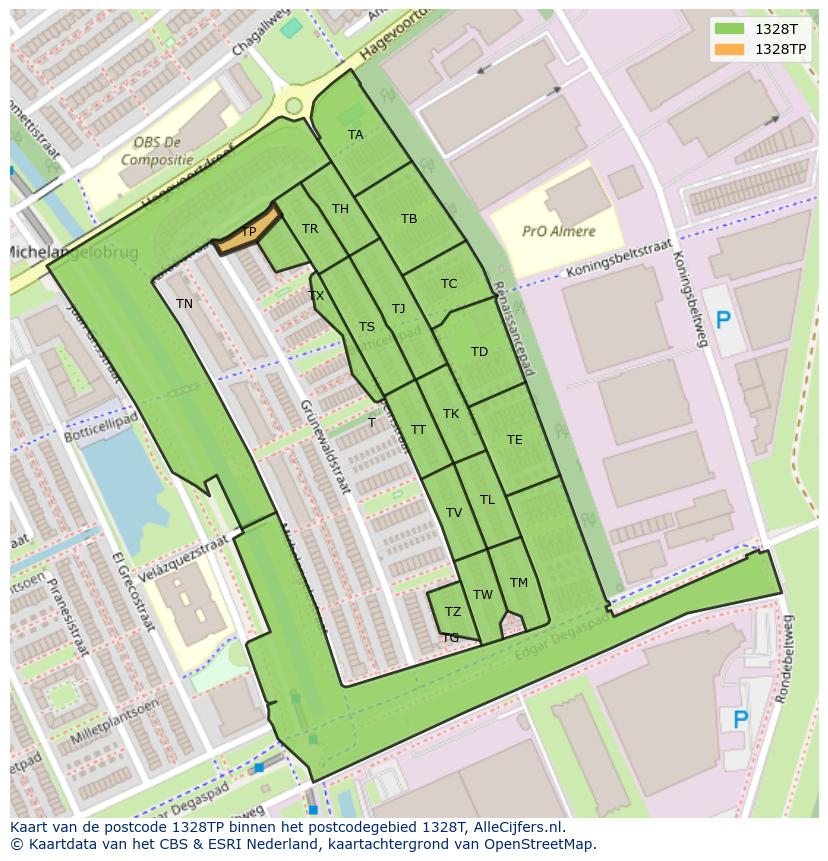 Afbeelding van het postcodegebied 1328 TP op de kaart.