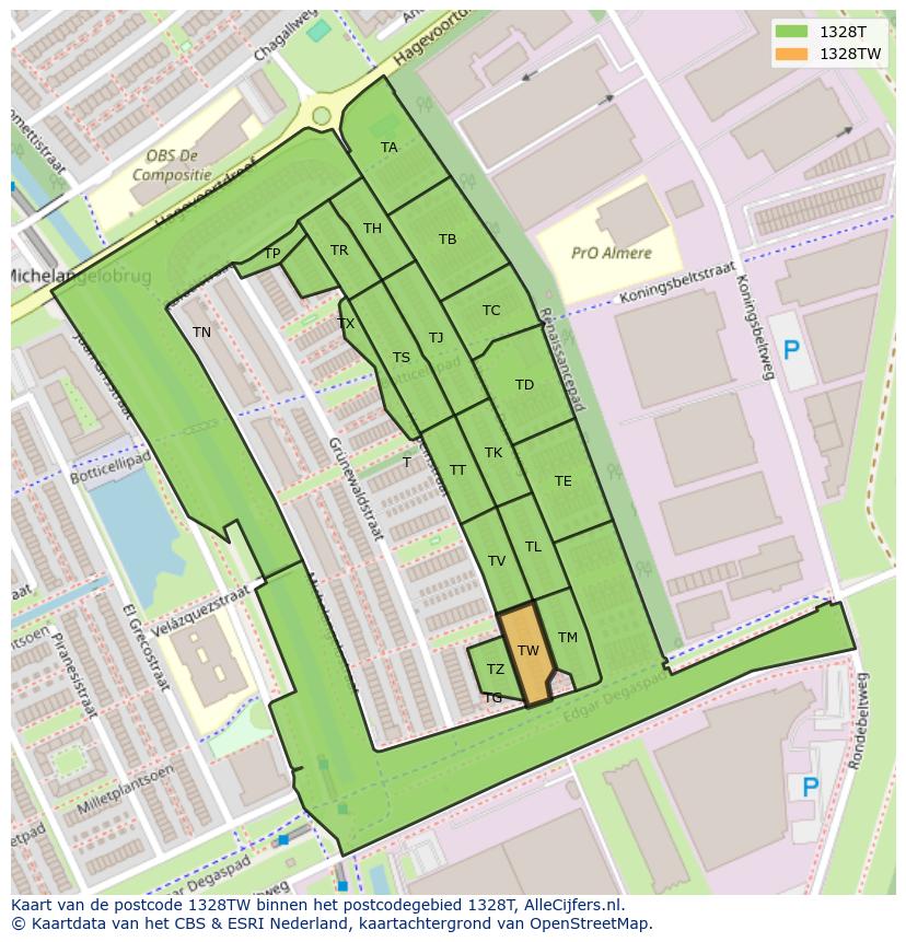 Afbeelding van het postcodegebied 1328 TW op de kaart.