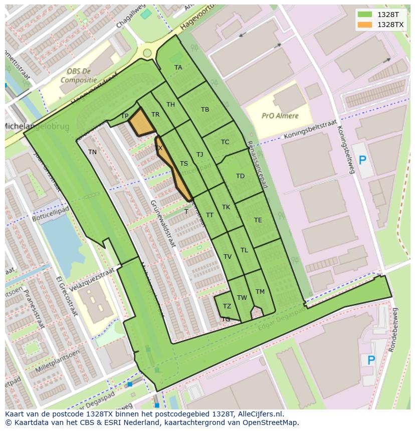 Afbeelding van het postcodegebied 1328 TX op de kaart.