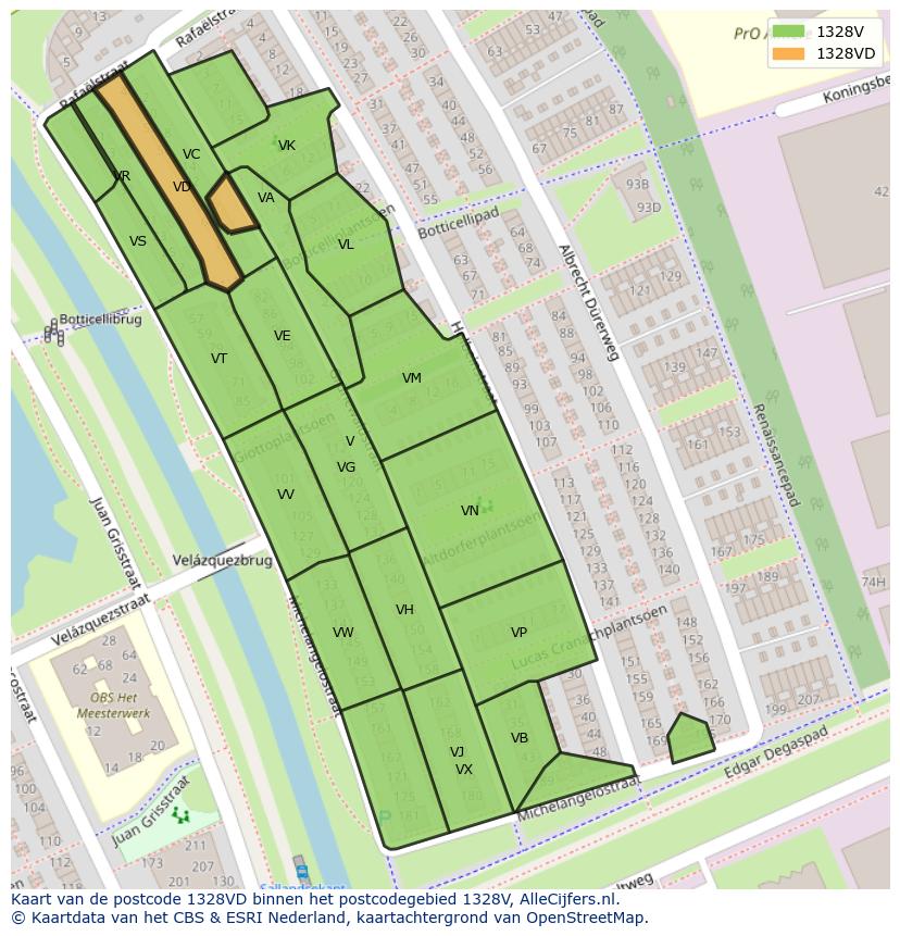 Afbeelding van het postcodegebied 1328 VD op de kaart.