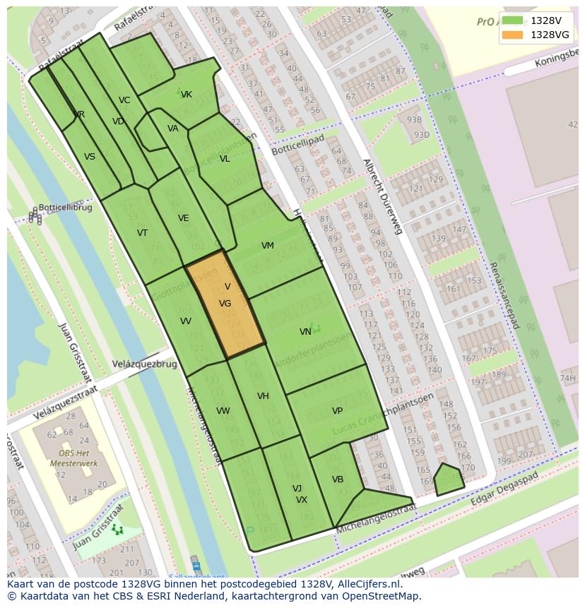 Afbeelding van het postcodegebied 1328 VG op de kaart.