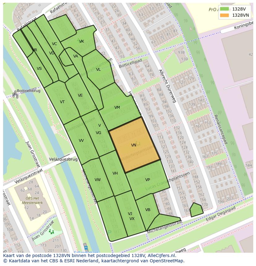 Afbeelding van het postcodegebied 1328 VN op de kaart.