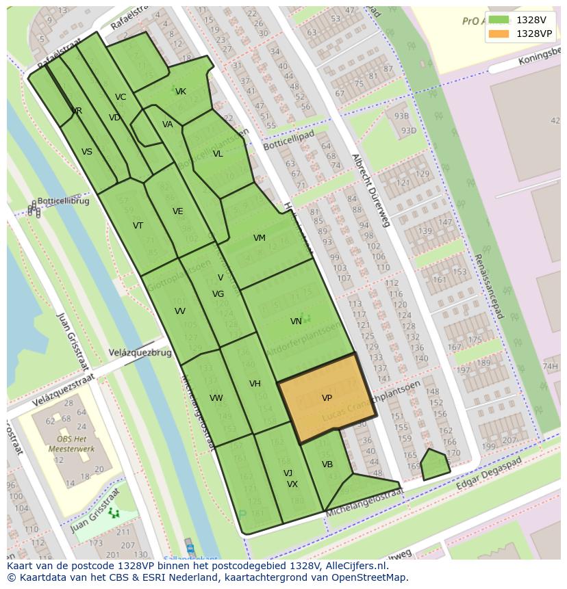 Afbeelding van het postcodegebied 1328 VP op de kaart.