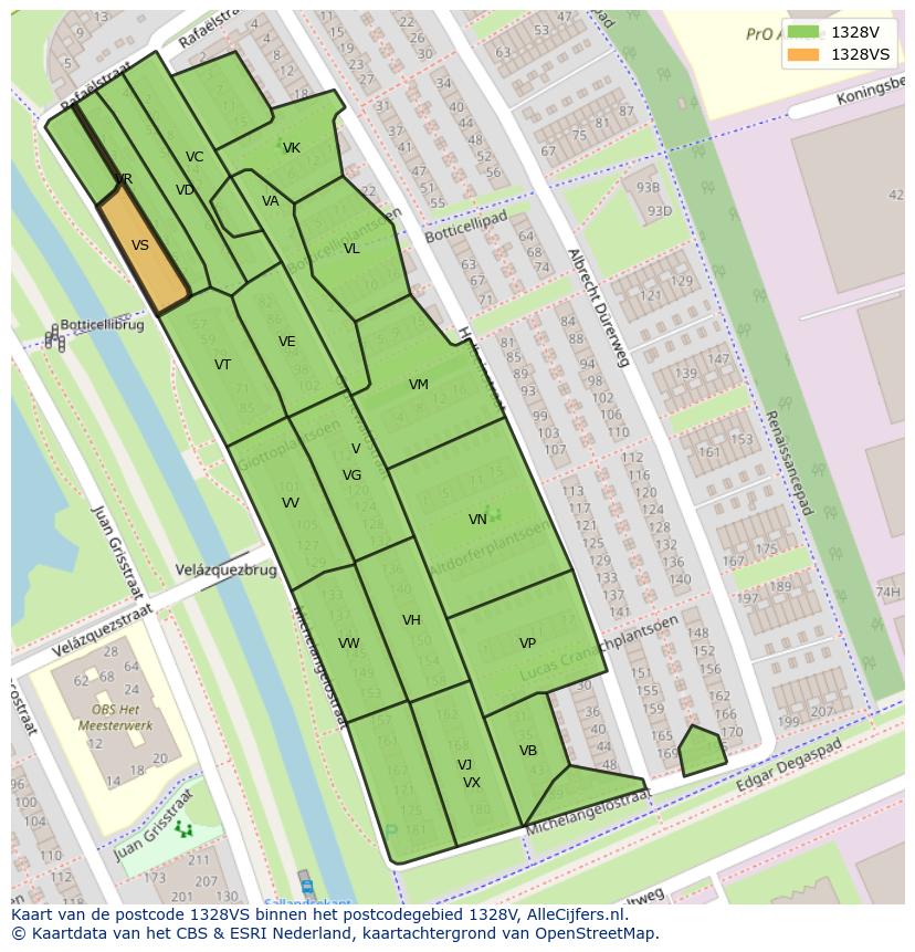 Afbeelding van het postcodegebied 1328 VS op de kaart.