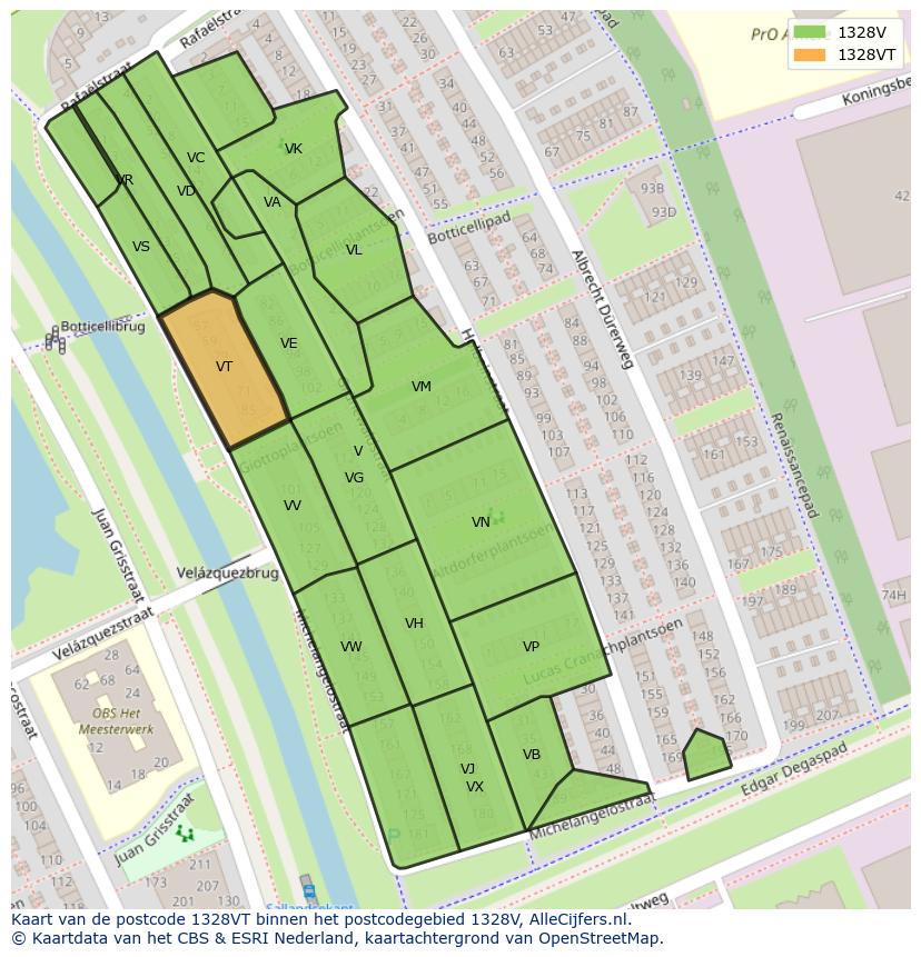 Afbeelding van het postcodegebied 1328 VT op de kaart.