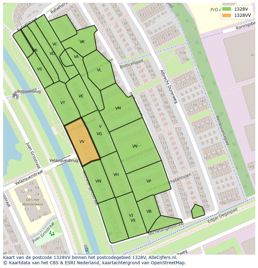 Afbeelding van het postcodegebied 1328 VV op de kaart.