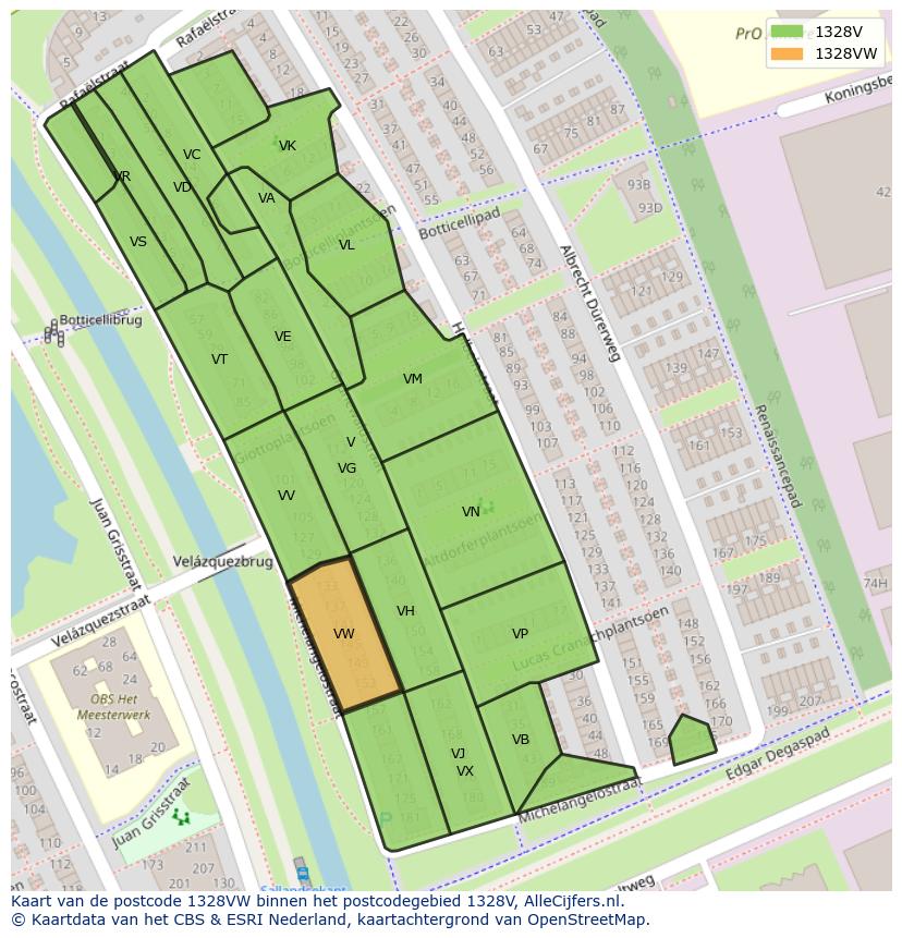 Afbeelding van het postcodegebied 1328 VW op de kaart.