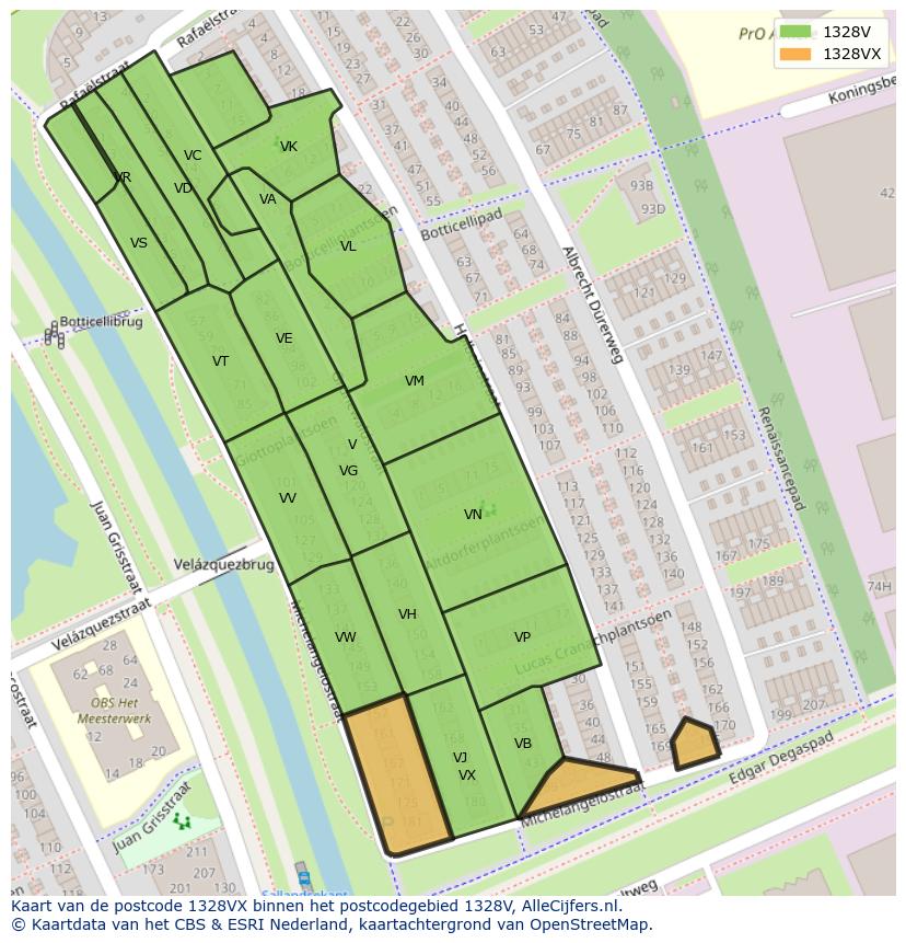 Afbeelding van het postcodegebied 1328 VX op de kaart.