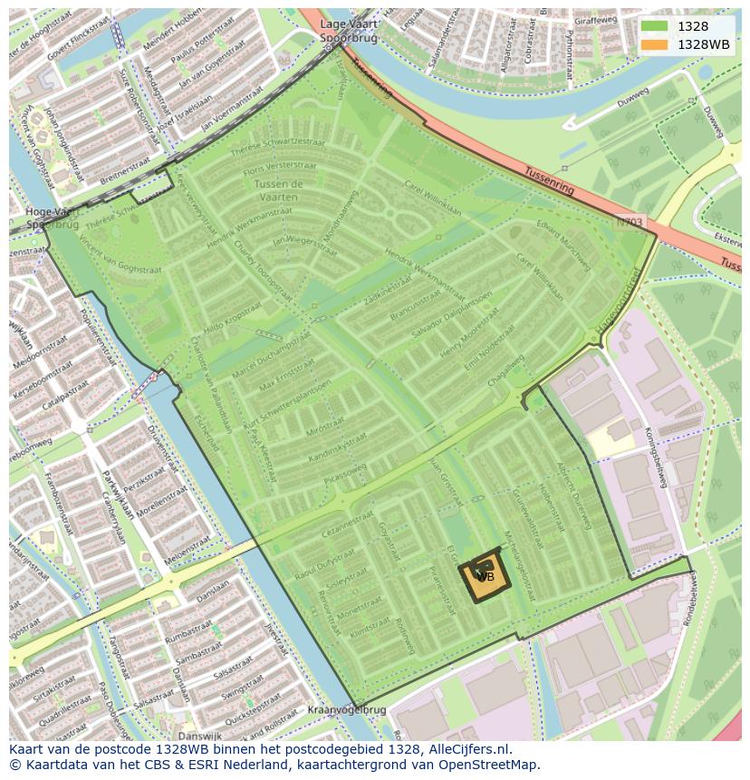 Afbeelding van het postcodegebied 1328 WB op de kaart.