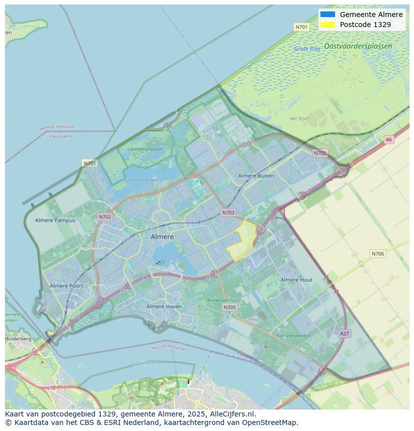Afbeelding van het postcodegebied 1329 op de kaart.