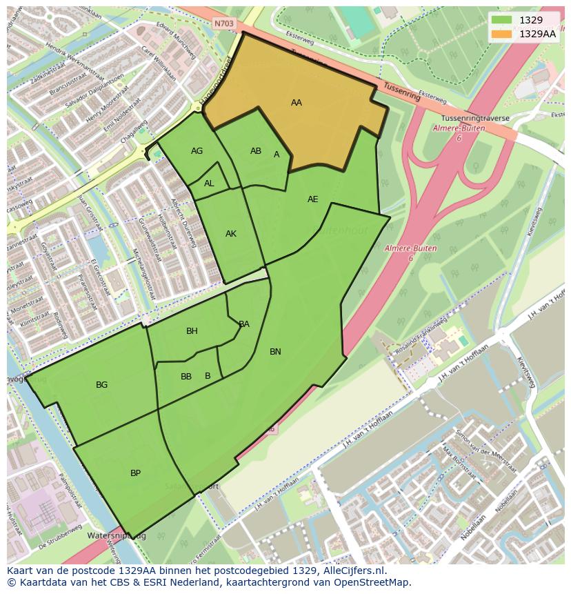 Afbeelding van het postcodegebied 1329 AA op de kaart.