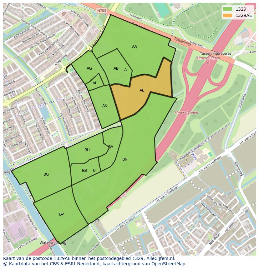 Afbeelding van het postcodegebied 1329 AE op de kaart.