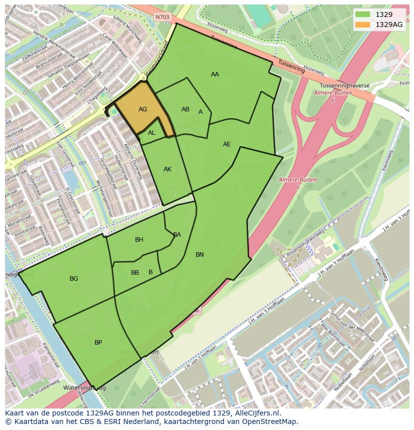 Afbeelding van het postcodegebied 1329 AG op de kaart.