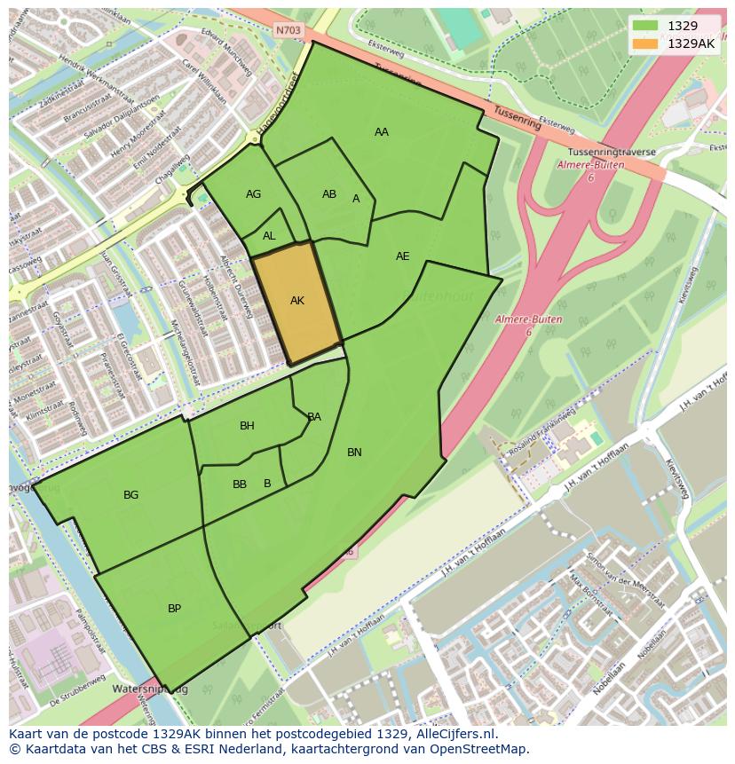 Afbeelding van het postcodegebied 1329 AK op de kaart.